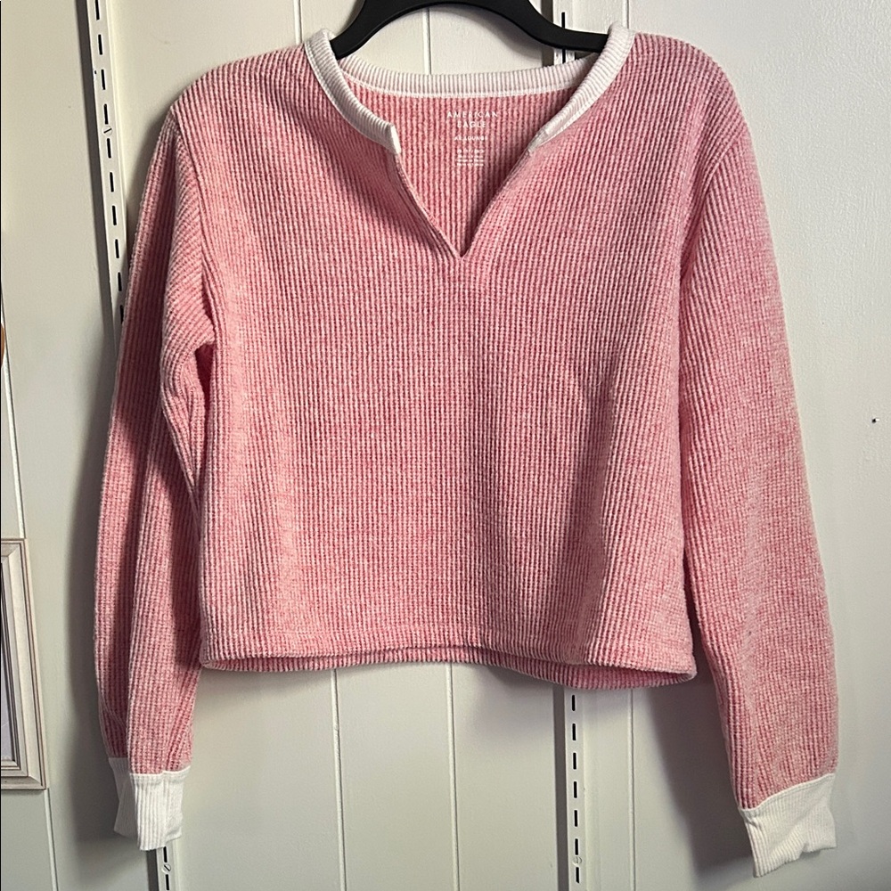 American Eagle Outfitters Pink Ribbed V-Neck Sweater with White Trim